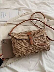Vintage Fashion Large Capacity Woven Tote Bag, Beach Vacation Straw Shoulder Crossbody Bag - 卡其色 - 查看 6
