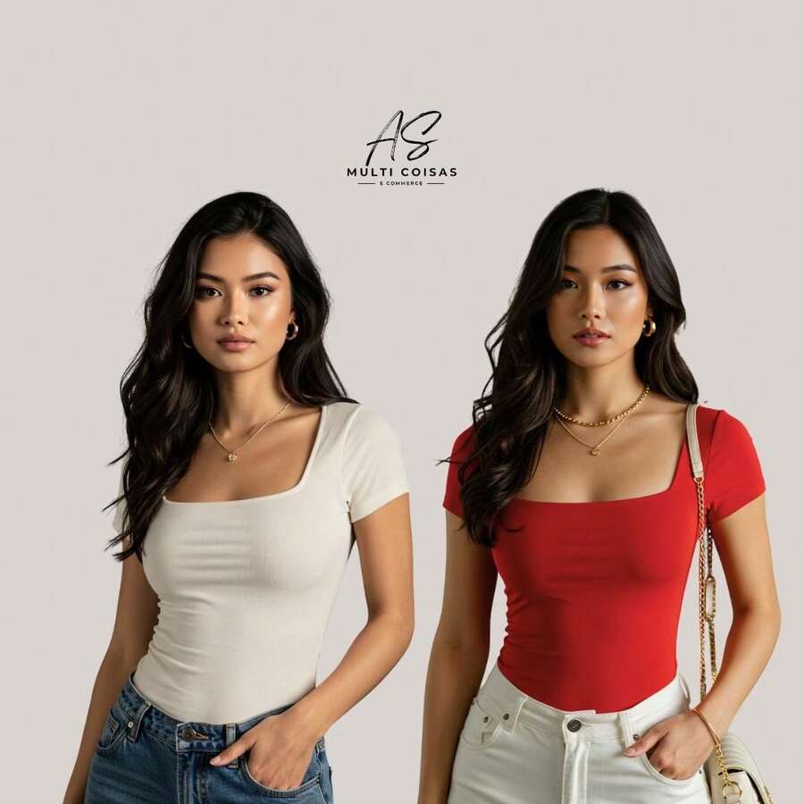 BABY  LOOK GOLA QUADRADA  CASUAL DIA A DIA - off/vermelho - Visão 1