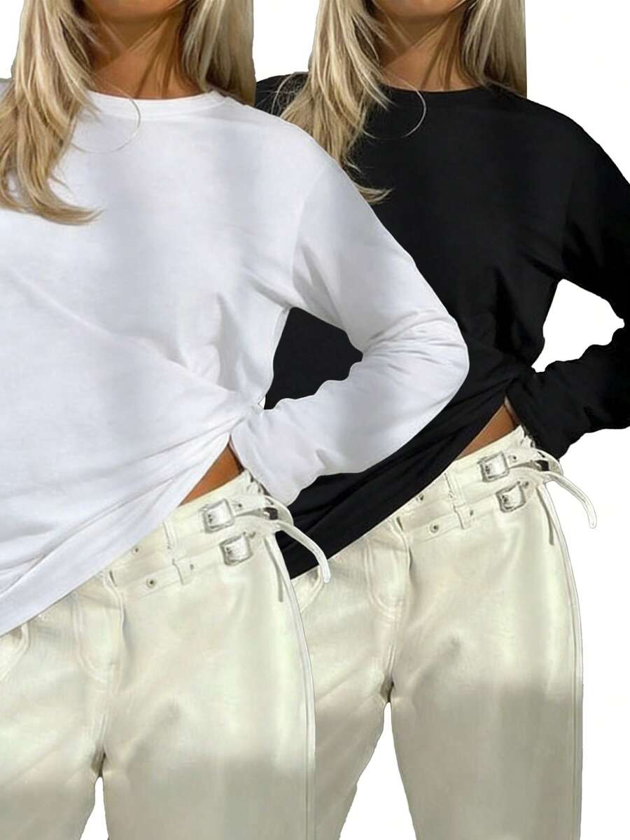 2件装女士长袖T恤，纯棉圆领上衣，女士衬衫，秋冬季，冬季内衬 - 彩色 - 查看 1