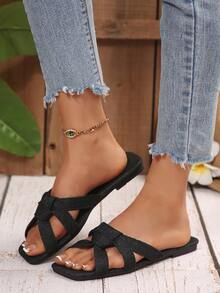 New Square Toe Fabric Slide Sandals For Women, Plus Size, Suitable For Casual Outings, Home, Travel - Black - View 5
