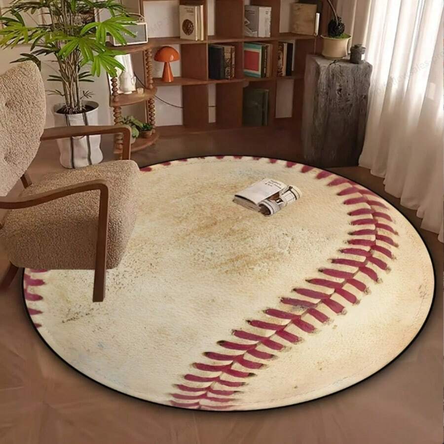 1 Peça Tapete Redondo Antiderrapante com Padrão de Beisebol, Tapete de Área Lavável para Mesa de Centro, Escrivaninha, Quarto, Sala de Estar, Decoração de Sala de Jogos