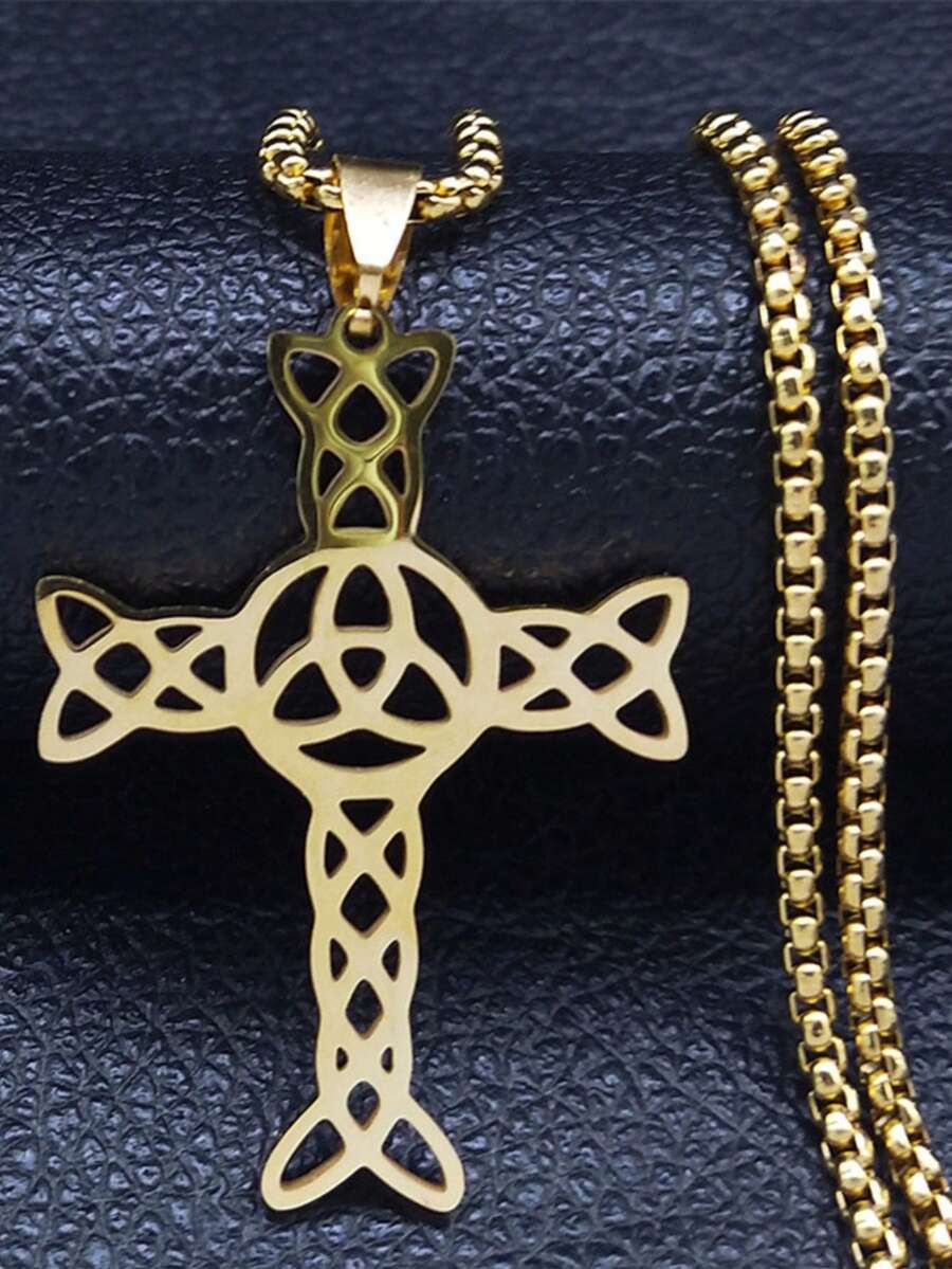 1PC New Fashion European And American Cross Irish Celtic Knot Pattern Stainless Steel Necklace Men's And Women's Sweater Chain Versatile - Fashion - View 1