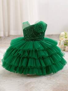 Rochie de printesă pufoasă, drăguță, fără mâneci, cu paiete florale 3D, pentru bebeluși, pentru fetițe, potrivită pentru petreceri de ziua de naștere, reuniuni de familie, ieșiri în oraș, nu include bentiță - Verde inchis - Vizualizare 3