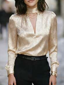 Elegant Jacquard Floral Long Sleeve Shirt With Luxurious Sheen, Suitable For Office Wear, Formal Events, Dates, Or Upscale Gatherings Vacation - Apricot - View 6