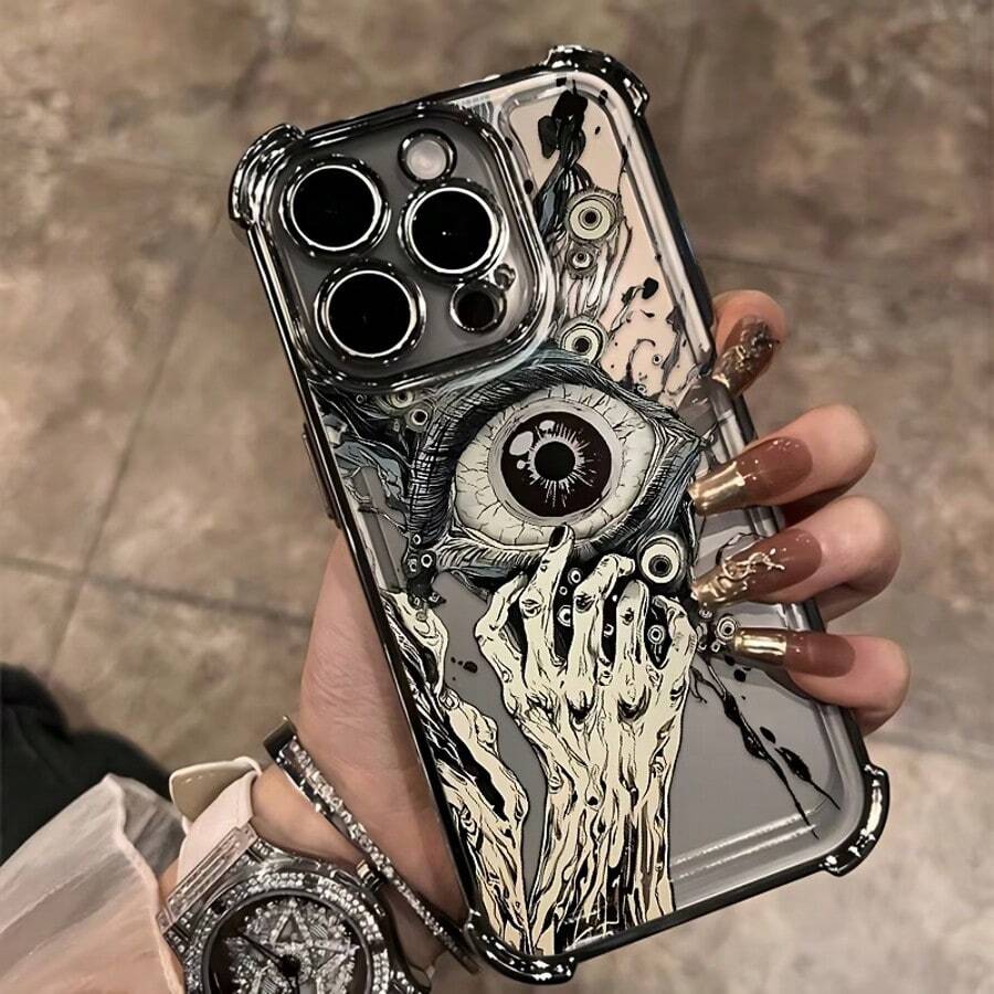 邪眼图案单件装全新简约电镀骷髅气囊防摔/加厚透明TPU保护壳，兼容苹果17 Pro Max/16 Pro Max/16 Pro/16/13 Pro Max/12 Pro Max/11/15 Pro Max/14 Pro Max/三星Galaxy/荣耀/Note 13 Pro/S23 Ultra/S24 Ultra/S25/A56等机型。 - 黑色 - 查看 1