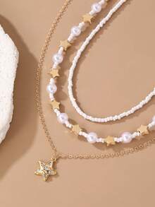 3件套时尚波西米亚风星星和仿珍珠项链套装，适合日常佩戴、约会、派对、情人节、母亲节礼物 - 彩色 - 查看 3