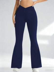 Women's Criss-Cross Waist Flare Pants, High Elasticity Polyester Solid Color Sports Yoga Pants, Criss-Cross Waist Casual Long Pants, Solid Color Skinny Workout Leggings Suitable For All Seasons, Knit Fabric Wide Leg Pants Suitable For Fitness And Leisure Wear - 藏蓝色 - 查看 9