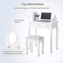 ZSSWSS White, Removable Dressing Table With Oval 360° Mirror, Pine Wood Dressing Table With 3 Drawers And 1 Stool, 75 X 40 X 136 Cm - trắng - Xem 4