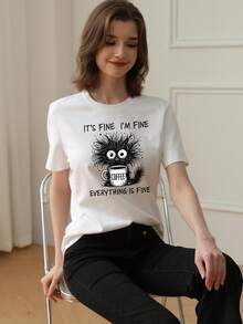 Buzzelle Women's Summer New Simple Fashion Slogan Print Casual Vacation Style Loose Fit Round Neck Short Sleeve T-Shirt, Fashionable Everyday Top, Suitable For Daily And Vacation Wear. Women's T-Shirt Top. - White - View 3