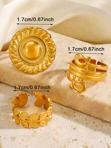 3件套不锈钢18K镀金复古硬币几何椭圆形叶子图案戒指套装，适合女性日常、节日、朋友聚会、约会、外出等场合佩戴。 - 彩色 - 查看 8