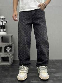 Jeans rectos, sueltos y sin estiramiento de cintura media con tejido de ganchillo de moda para hombres - Negro - Ver 4