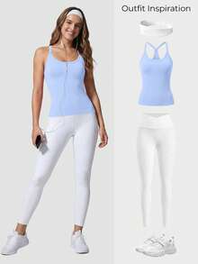 MathCat Racerback Tank Tops For Women - Scoop Neck Spaghetti Strap Padded Workout With Built In Bra - Light Blue - View 6