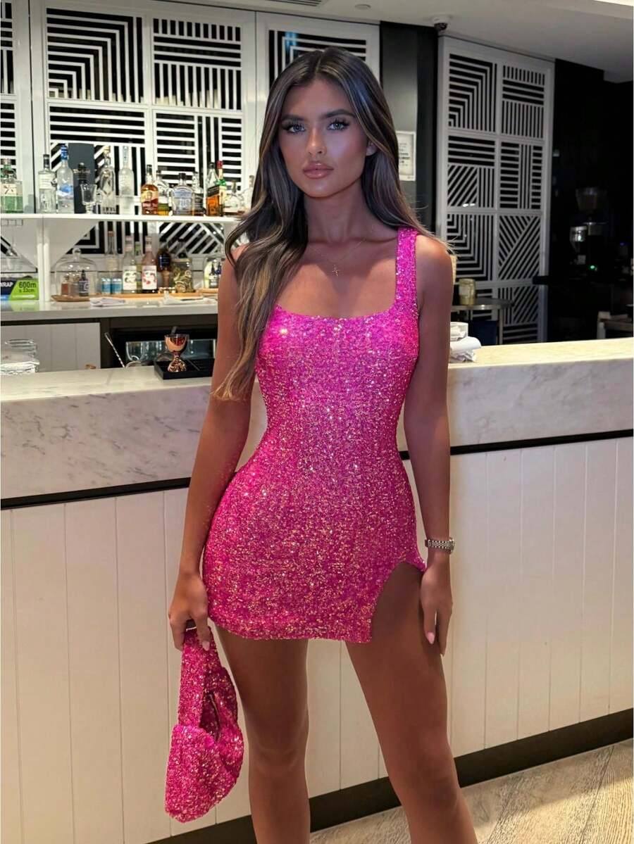 Women's Sequin Square Neck Backless Sleeveless Side Slit Party Club Bodycon Mini Dress - 粉色 - 查看 1