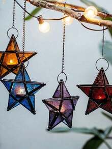 5-Pointed Star Windproof Candle Holder, Iron Colored Glass Lantern, Retro Candle Holder, Holiday Decor, Home Decor, Holiday Hanging Decor, Ornament, Outdoor Garden Decor. Essential For Restaurant Decoration, Creating A Holiday Party Atmosphere.