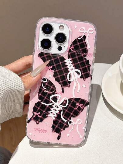 Funda de teléfono con pajarita de cuadros con purpurina en estilo minimalista compatible con iPhone 16, 15, 14, 13