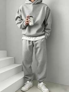 2pcs Men's Autumn/Winter Casual Sports Hooded Tracksuit Set - Light Grey - View 2