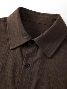 Men's Slim Fit Textured Shirt, Coffee Striped Shirt, Minimalist Fashion Short Sleeve Top, Refined And Refreshing Summer Clothing - Brown - View 4