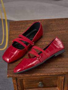 女士时尚方头红色套脚鞋，适合通勤、办公、派对、约会、婚礼、新年、情人节等场合，休闲百搭，松紧带设计，春季新品上市 - 紅色 - 查看 3