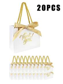 10个/20个白色“谢谢”礼品袋，金色文字“谢谢”礼品袋，带提手，含蝴蝶结提手和白色袋子，尺寸约为5.5 x 2.36 x 4.7英寸（约14 x 6 x 12厘米），迷你礼品纸袋，适用于洗礼、生日、婚礼、派对、情人节礼盒、感谢礼品等场合。 - 彩色 - 查看 10