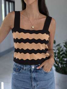 TOP SQUARE WAVES SUMMER KNIT MODAL NEW COLLECTION - 黑色配米色 - 查看 1