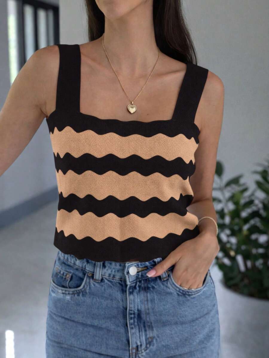 TOP SQUARE WAVES SUMMER KNIT MODAL NEW COLLECTION - 黑色配米色 - 查看 1