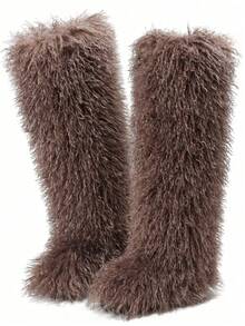 Women's Winter Knee High Boots Pull-On Faux Fur Round Toe Strap Boots For Women Comfy Plush Warm Outdoor Indoor Flat Shoes Punk Party Dressy Furry Fluffy Winter Autumn Fall Boots - 長款棕色 - 查看 5
