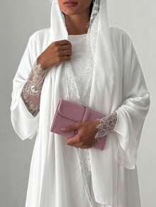 Modest Middle Eastern Clothing Muslim Women's Chiffon & Lace Trim Abaya With Headscarf - White - View 3