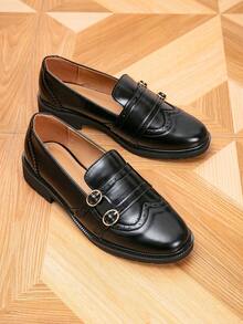 女士乐福鞋，圆头金属扣雕花平底鞋，户外复古女鞋，休闲学院风鞋 - 黑色 - 查看 6