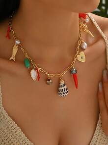 1 chiếc vòng cổ mặt dây chuyền hình ớt và trái tim phong cách Bohemian, vòng cổ thường ngày đa năng cho kỳ nghỉ hè với thiết kế bắt mắt mang hơi hướng đại dương. - Nhiều màu - Xem 2