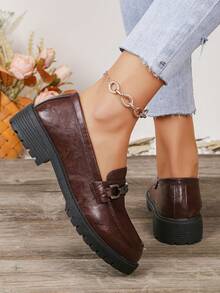 女士舒适套脚乐福鞋，厚底牛津鞋，英伦风厚底鞋，圆头，复古时尚厚底，皮革材质，适合音乐节、万圣节、圣诞节等场合。 - 咖啡棕 - 查看 3