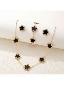 3pcs/Set Fashionable Clover Pendant Necklace, Bracelet And Earrings Jewelry Set, Perfect Gift For Mother's Day And Holidays - Black - View 7