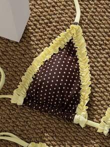 ROMWE Avant Women's Retro Polka Dot & Plaid Bikini Set, Suitable For Outings, Vacations, Music Festivals, Pool Parties, Carnivals And Other Summer Occasions Beach - Brownish-yellow - View 6