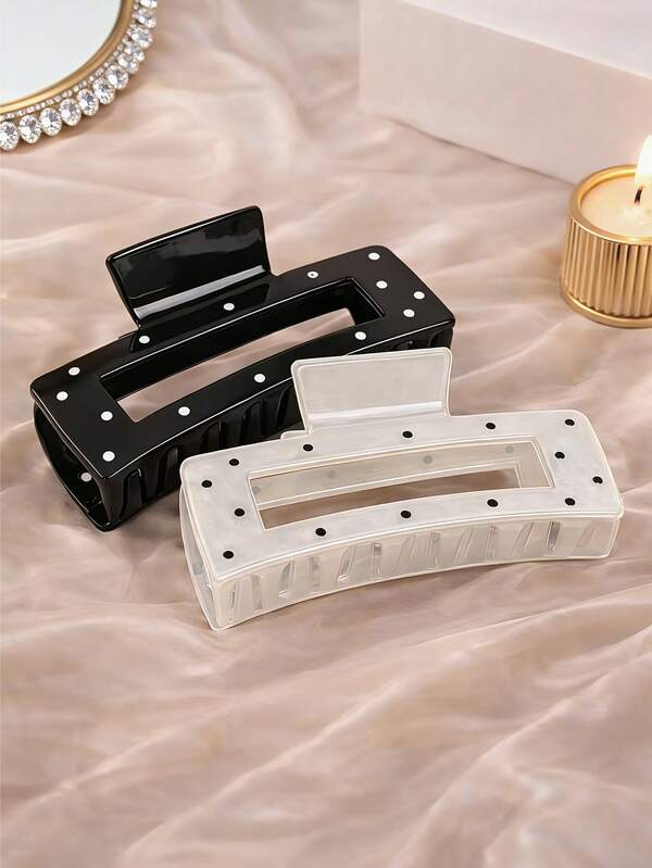 2pcs/1pc Women 4.13 Inch/10.5cm Black & White Square Polka Dot Hair Claw Clips, Fashion Shark Tooth Hair Clips, Elegant Minimalist Solid Color Hair Claws, Suitable For Daily, Casual, Party, Beach, Vacation, Hairstyling, Washing Hair, Makeup, Outfit Accessories, Autumn/Winter/Spring/Summer