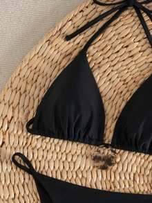 Set de 3 piezas Traje de baño elegante y sexy con espalda descubierta, adecuado para vacaciones en la playa en todas las estaciones - Negro - Ver 6