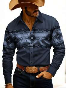 Men's Vintage Western Print Long Sleeve Shirt, Geometric Pattern Casual Collared Single-Breasted Slim Fit Cardigan Shirt - Dark Wash - View 10