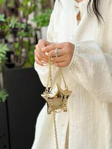 1pc New Mini Metal Pouch, Electroplated Silver Coin Purse, Shiny Avant-Garde Metallic 5-Pointed Star Handbag, Star Chain Crossbody Bag, Asymmetric Handheld Bag, Accessory Pouch, Elegant Coin Purse, Earphone Case , Wedding - Gold - View 3