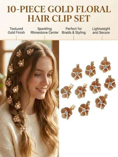 10 st guldfärgade hårspännen i metall med blomstermotiv och strassdekor, söta mini-hårspännen med prästkragar för kvinnor och flickor vardagskläder