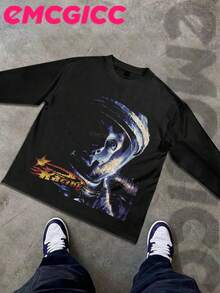 EMCGICC Street Life Men's Y2k Style (250 Cotton T-Shirt) Long Sleeve Shirt, Space Visual Printing,Cotton Graphic T-Shirt, Men's Hip Hop Style - Long Sleeve T-Shirt, Fun Vintage Shirt, Regular Fit, Street Style, Halloween, Digital Print, Ideal Gift - 黑色3 - 查看 2