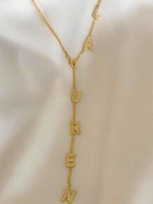 1 pieza Collar con placa con nombre personalizado, personalizable con 1-12 letras, collar con placa en forma de Y estándar, mejora el estilo personal, regalo de joyería, collar con placa bañada en oro - Versión diamante - Ver 5