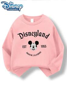 Officially Authorized By Disney, "Disneyland EST 1955" Pattern, Girls' Round-Neck Hoodie, Comfortable Material, Bright Color, Suitable For Autumn And Winter, Outdoor Sports - Hồng - Xem 2