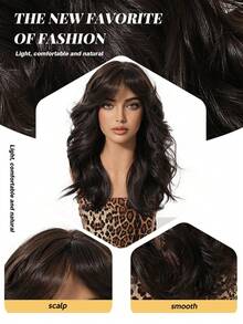 Elegant Curly Wave Mocha Brown Wig For Women, 100% Tang Long Fiber, Medium Length With Bangs, Scalp Simulation, 150% Density, Flexible Rose Net Cap, Heat Resistant, Versatile Styling Options - Mocha Brown - View 3