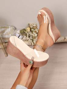 Women's Wedge Heel Platform Sandals, Slip-On, Spring/Summer, New Style, High Heel, Party, Banquet, Gathering, Casual, Fashion, Vacation - Apricot - View 3