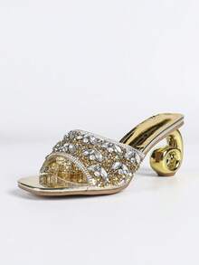 Women's High Heel Sandals, New Summer Sandals, Soft TPU Rhinestone Decor, Open Toe & Heel Sandals, Minimalist Square Toe Sandals, Slip-On Thin Strap Sandals, Solid Color Or Random Print Preppy, Elegant, Sexy Party TPU Rhinestone High Heel Sandals For Beach, Wedding, Party, Office, Home, Outdoor, Spring/Summer, All Season - Gold - View 10