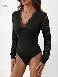 UMII 女士性感黑色长袖连体衣，蕾丝边V领修身连体衣，浪漫情人节约会之夜上衣 - 黑色 - 查看 8