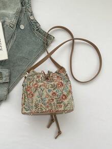 新款中国风单肩包，书法单肩包，复古印花水桶包，女士休闲时尚手提包，春季托特包 - 彩色 - 查看 10