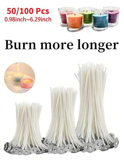 100/50 chiếc bấc nến 0.98in/3.54in/6.29in, sáp không khói, lõi nguyên chất, dùng để tự làm nến, bấc đã được tẩm sáp sẵn, đồ dùng cho tiệc tùng.