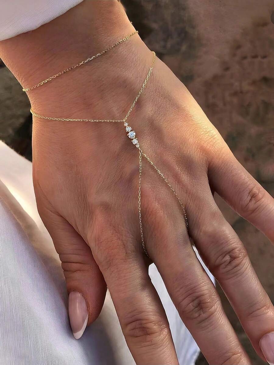 1pc Luxury European & American Design Exquisite S925 Sterling Silver Zirconia Inlaid Finger & Back Hand Chain, Suitable For Women's Daily, Date, Vacation, Wedding, Party Wear, Holiday Gift - Multicolor - View 1