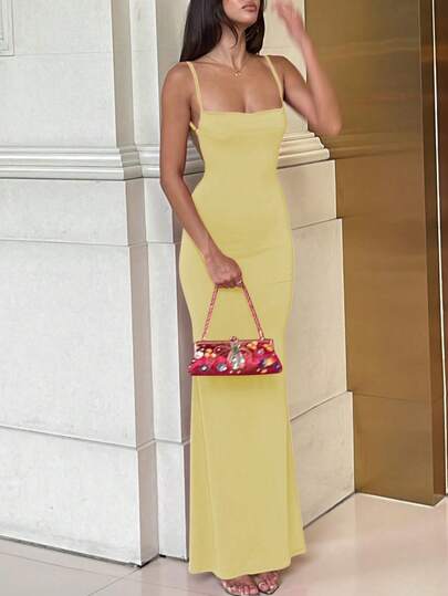 女士纯色开衩修身露背性感优雅连衣裙，适合春夏夜晚外出、派对、夜店、度假、海滩休闲穿着。