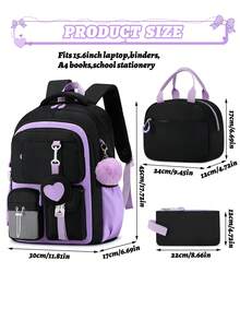 3件套心形图案女童背包套装，包含手提包和铅笔盒，轻便大容量书包，多口袋设计，可容纳15.6英寸笔记本电脑，紫色旅行背包，返校必备