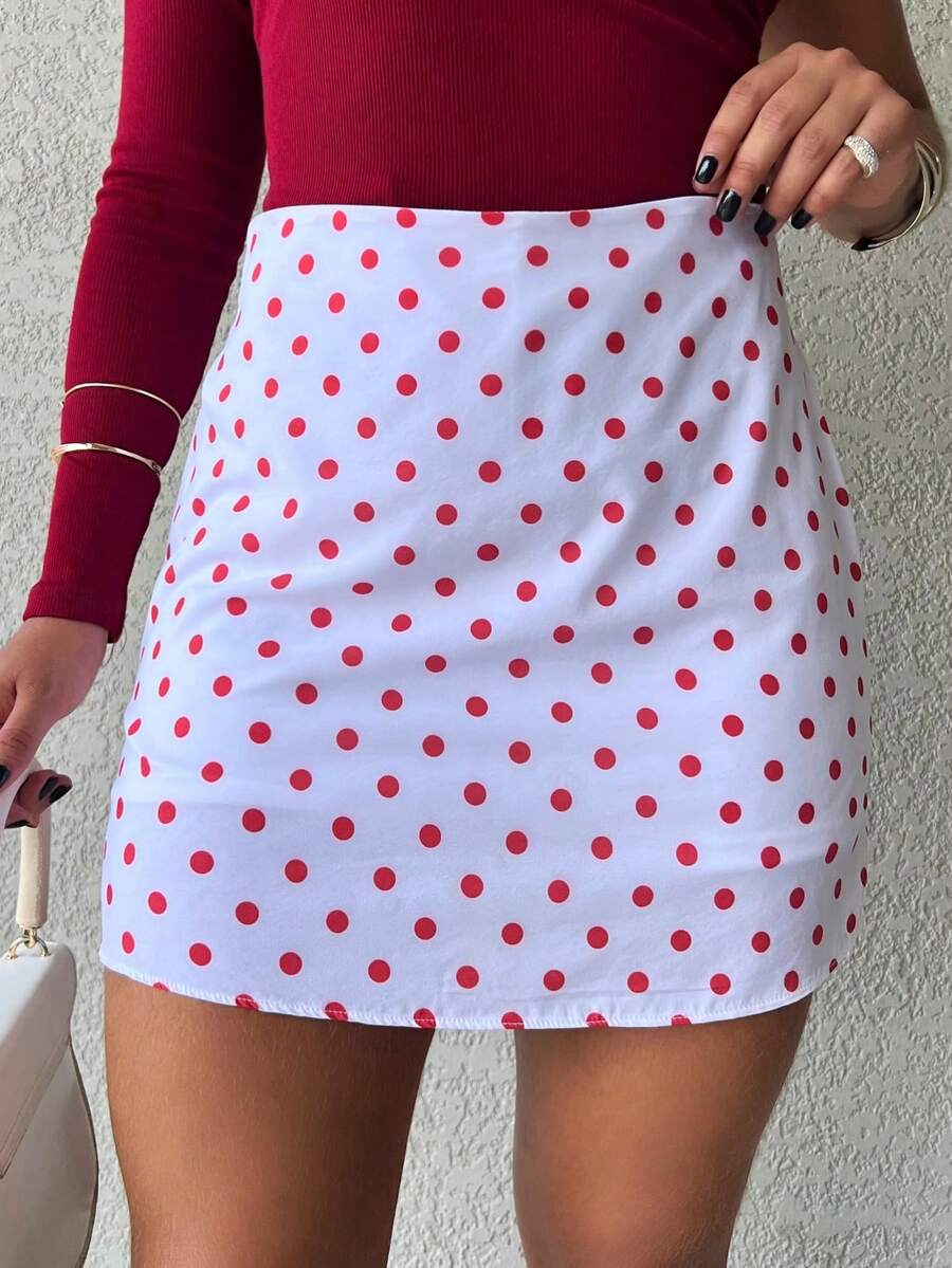 Polka Dot Skirt Shorts (Crocheted Knit Fabric) - 紅色 - 查看 1